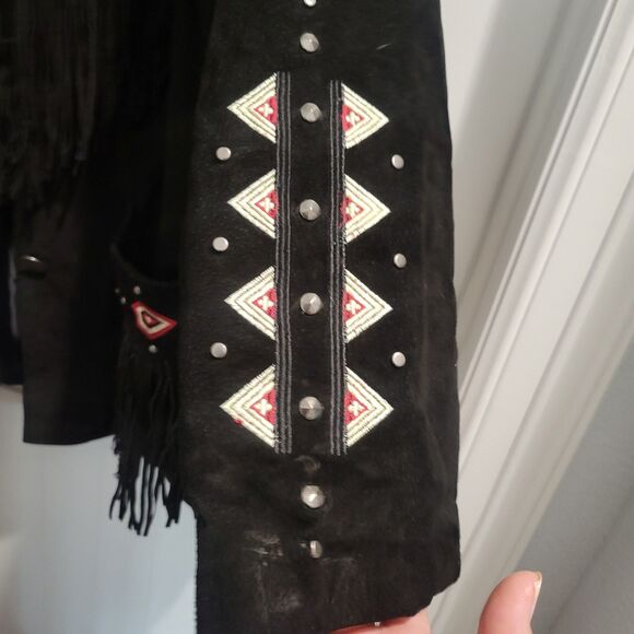 Black Western Suede Leather Fringe Jacket Embroidered Roamans Womens  Sz 18W - Picture 5 of 14